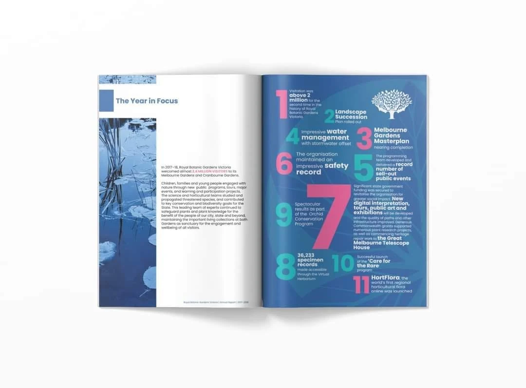Year in Focus spread with large numbered infographic