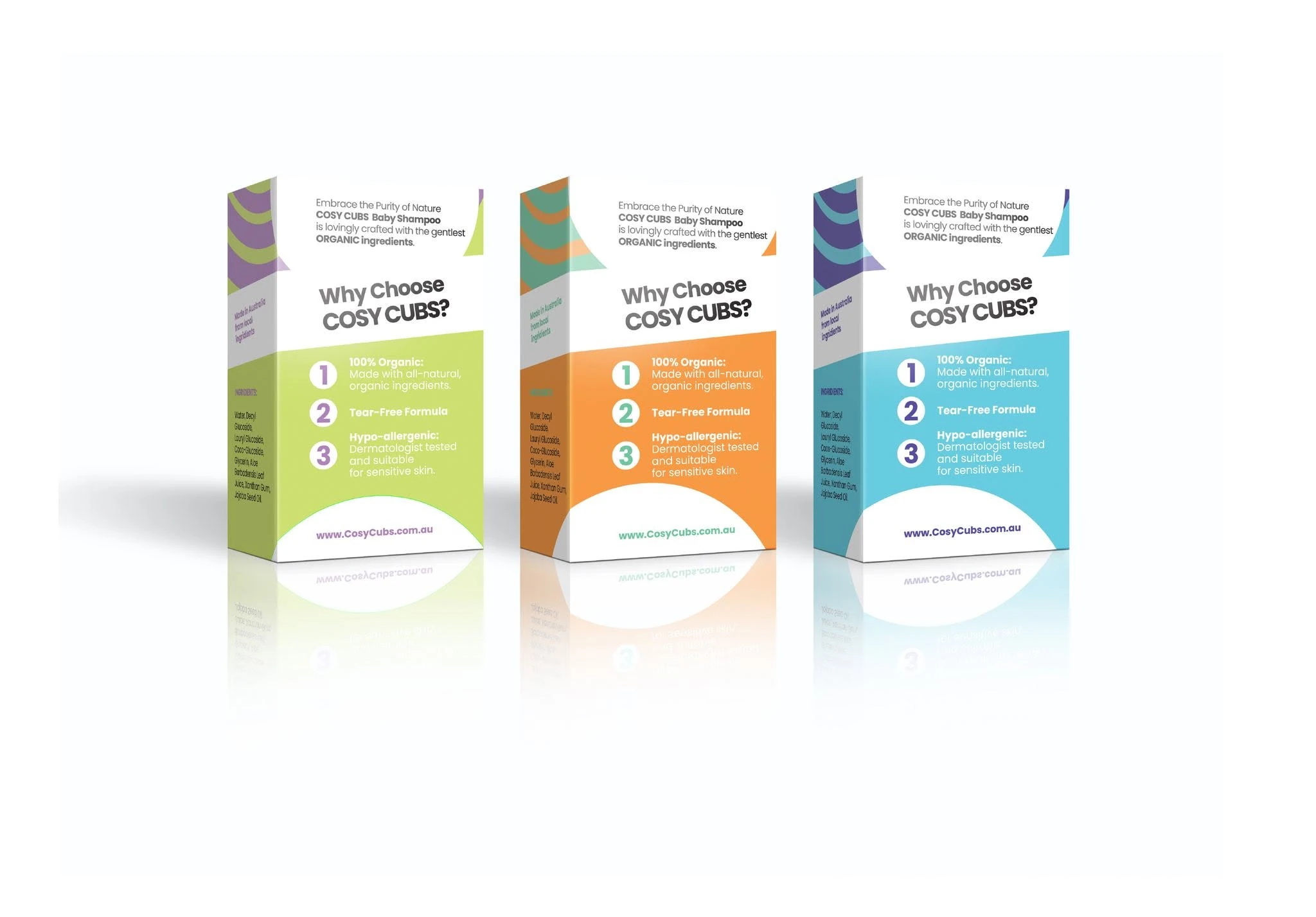 Back panels of Cosy Cubs baby care packaging