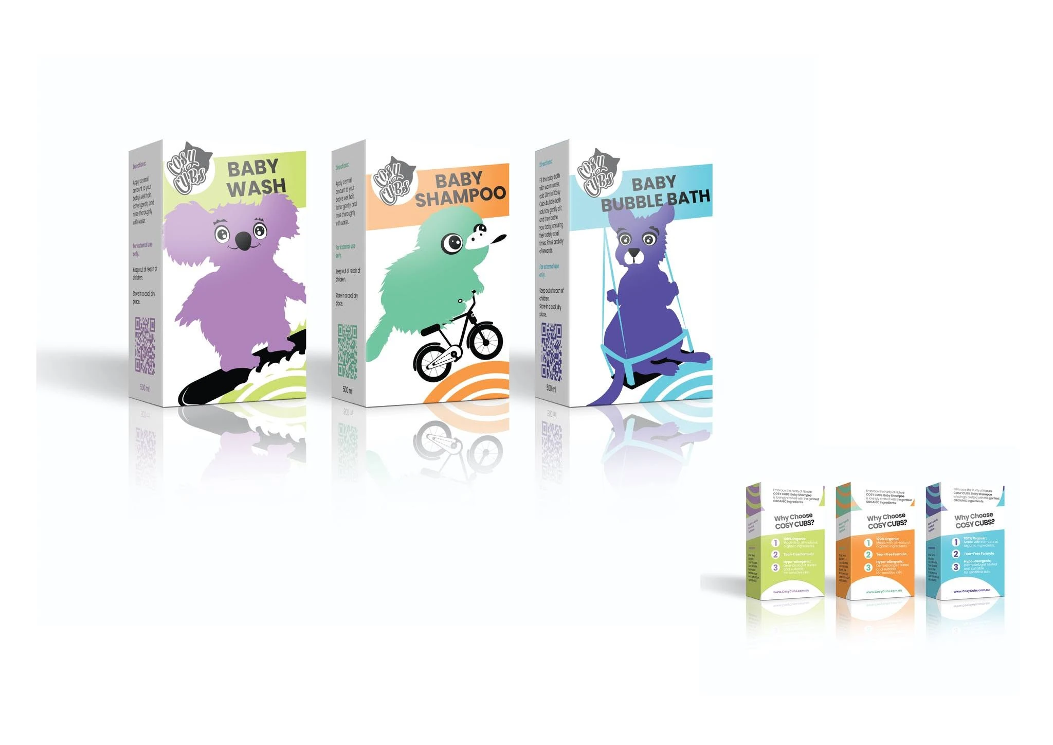 Cosy Cubs baby-care packaging and custom character illustrations