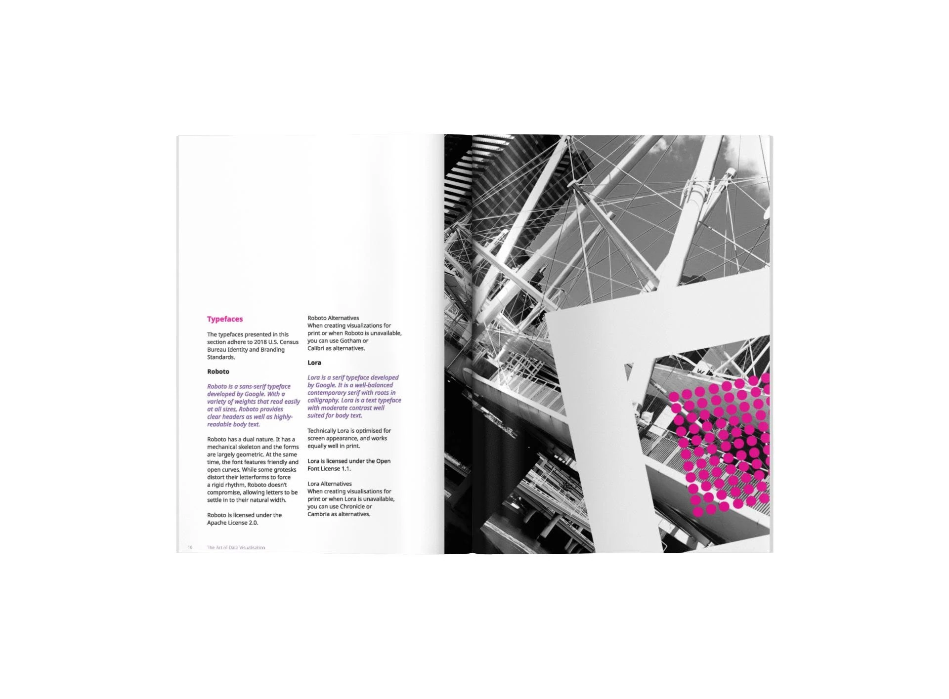 Typography spread with architectural photography