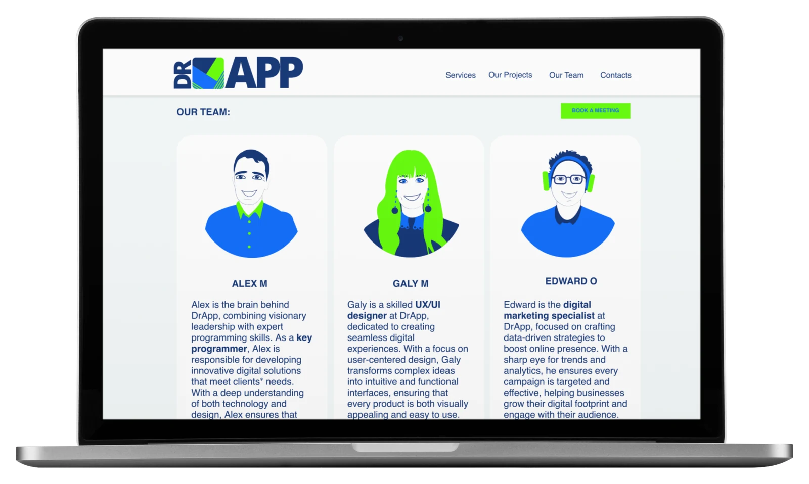 Doctor App illustrated team section displayed on a laptop