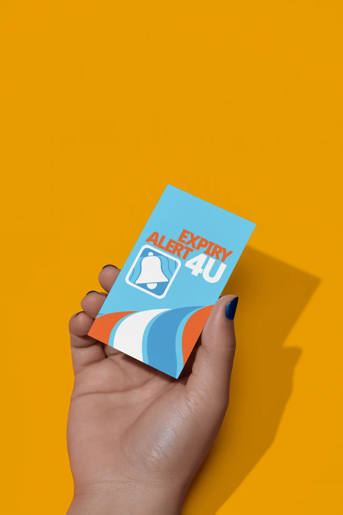 Front of the Expire Alert 4U business card held against an orange background