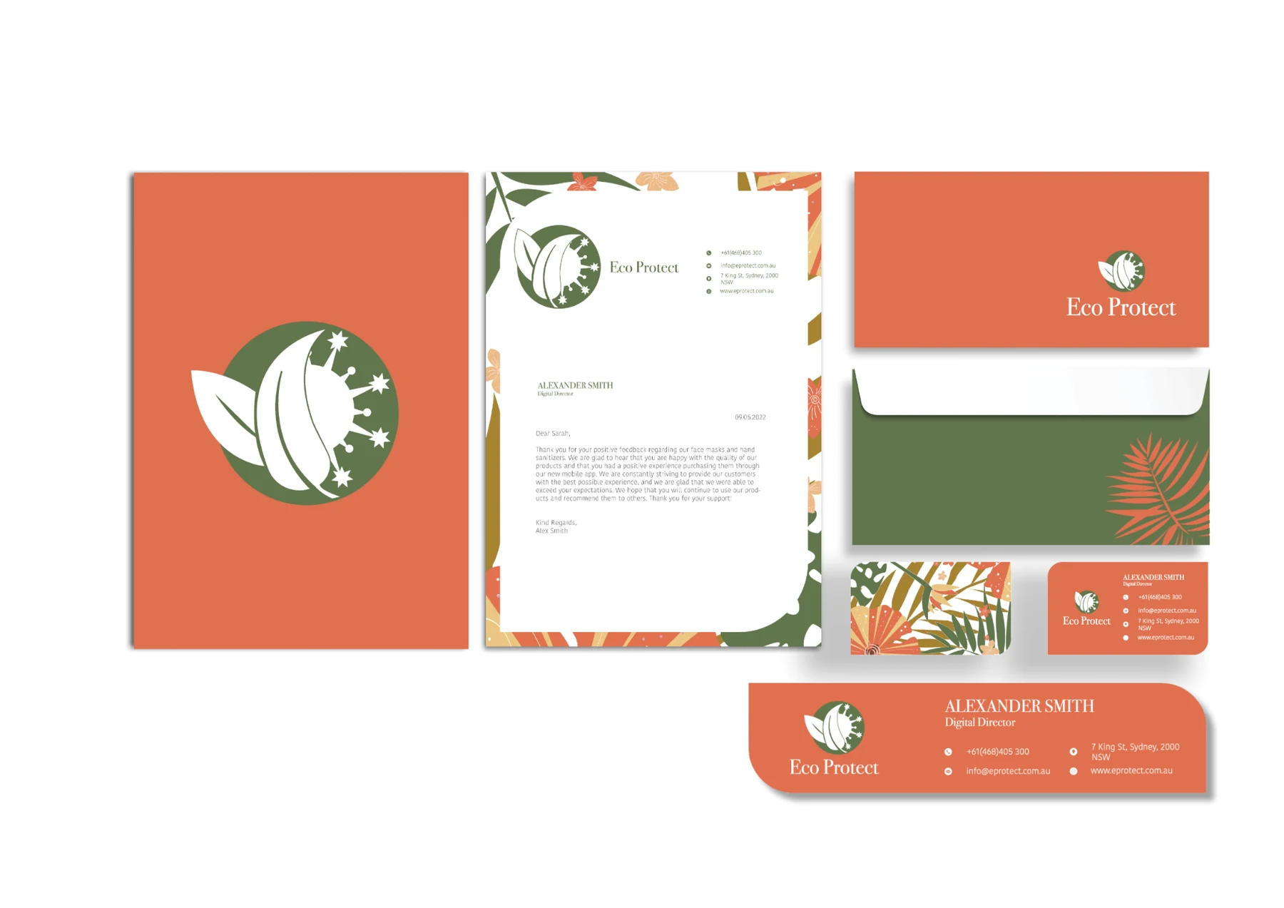 Eco Protect visual identity applied across stationery and brand collateral