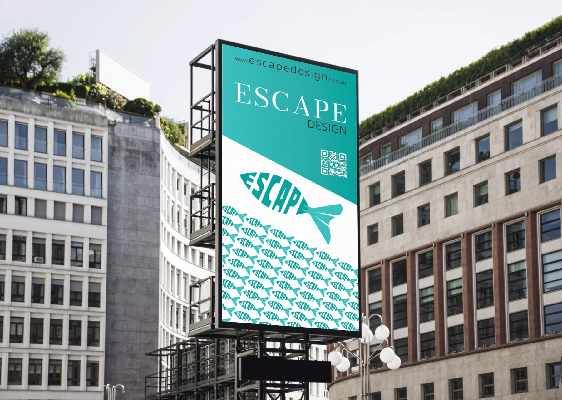 Escape Design branding presented on a large city billboard