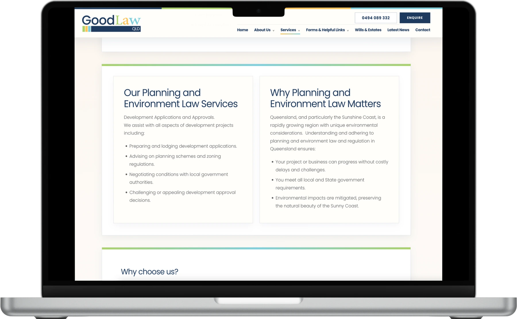 Good Law QLD planning and environment law page displayed on a laptop
