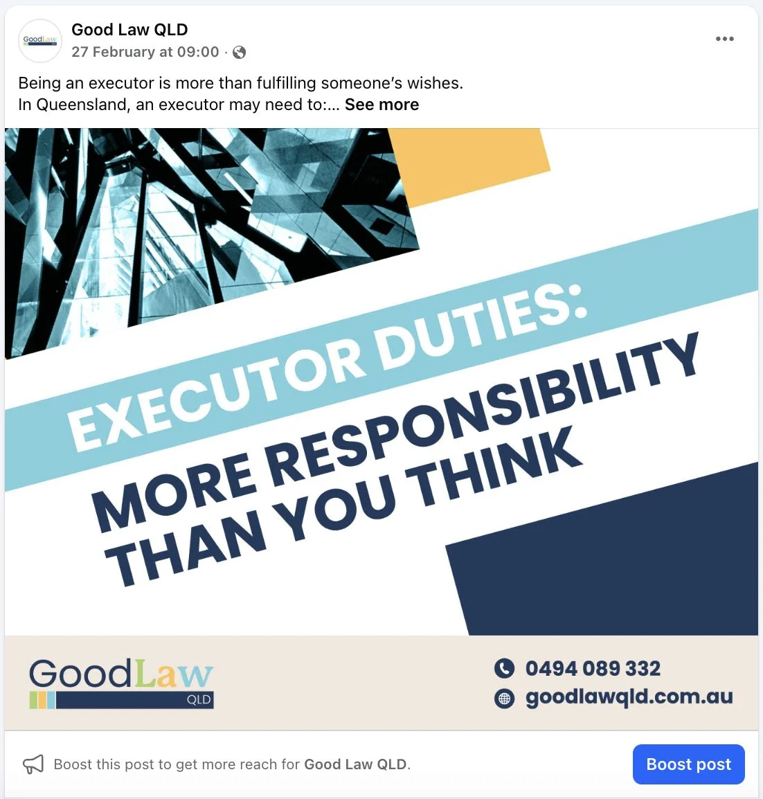 Good Law QLD executor duties Facebook post