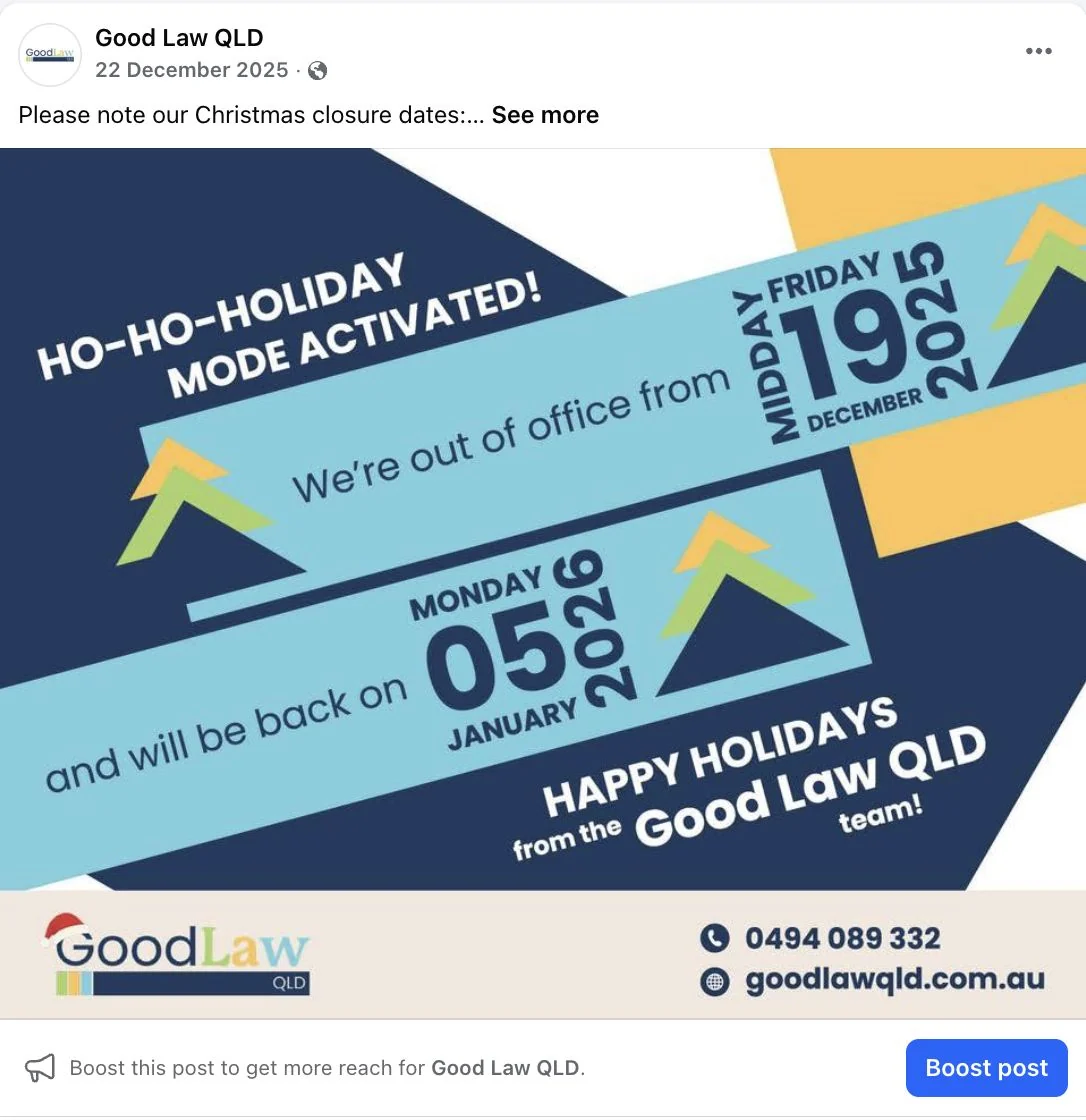 Good Law QLD holiday closure Facebook post
