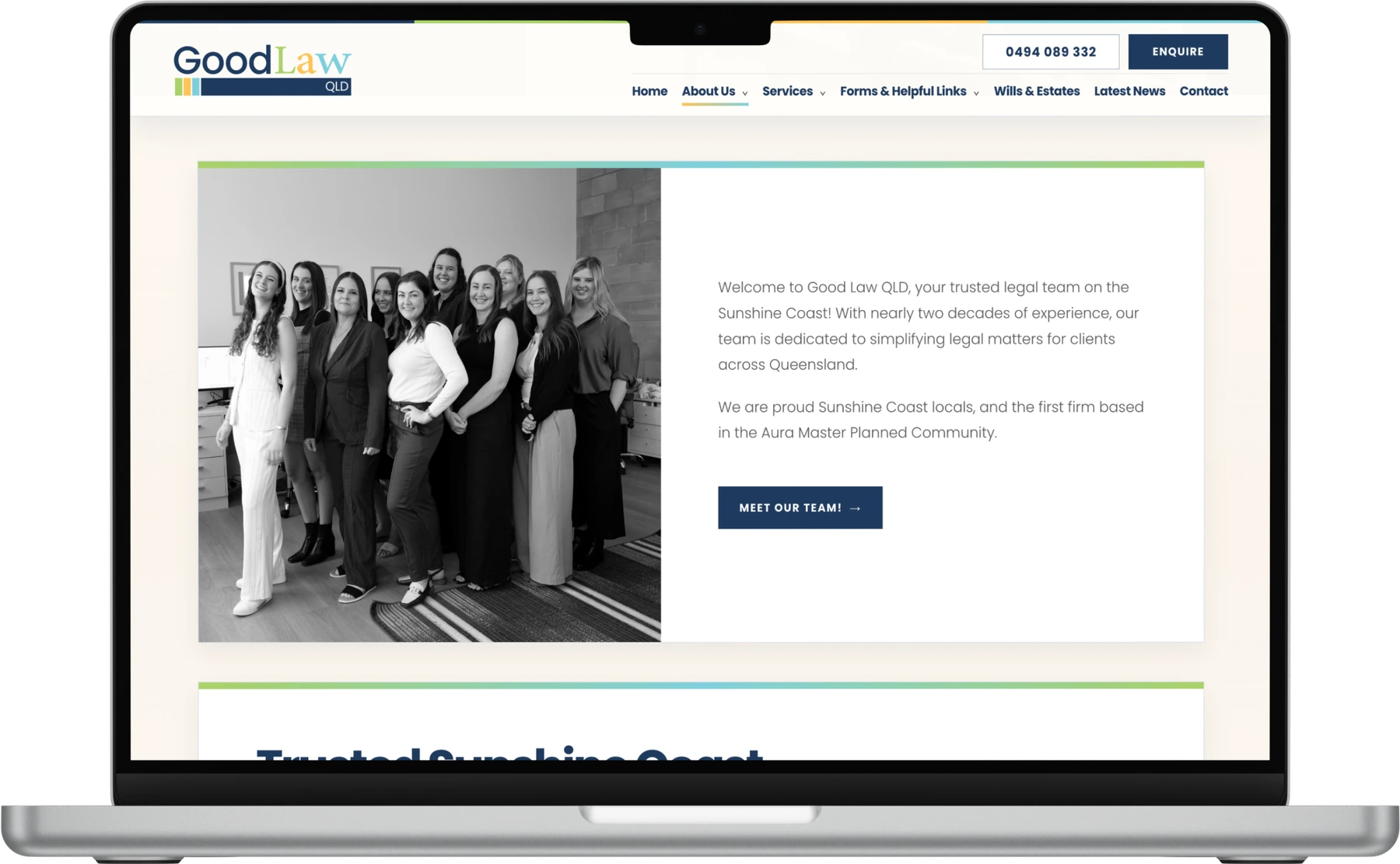 Good Law QLD team and about content displayed on a laptop