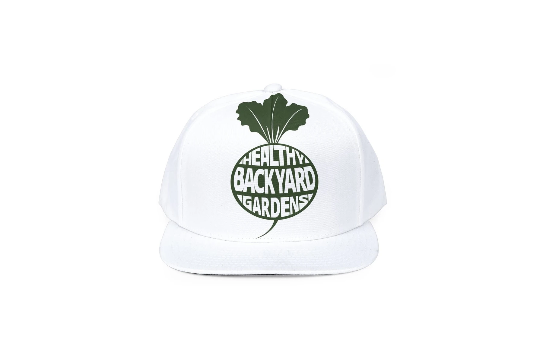 Healthy Backyard Gardens logo on a white cap