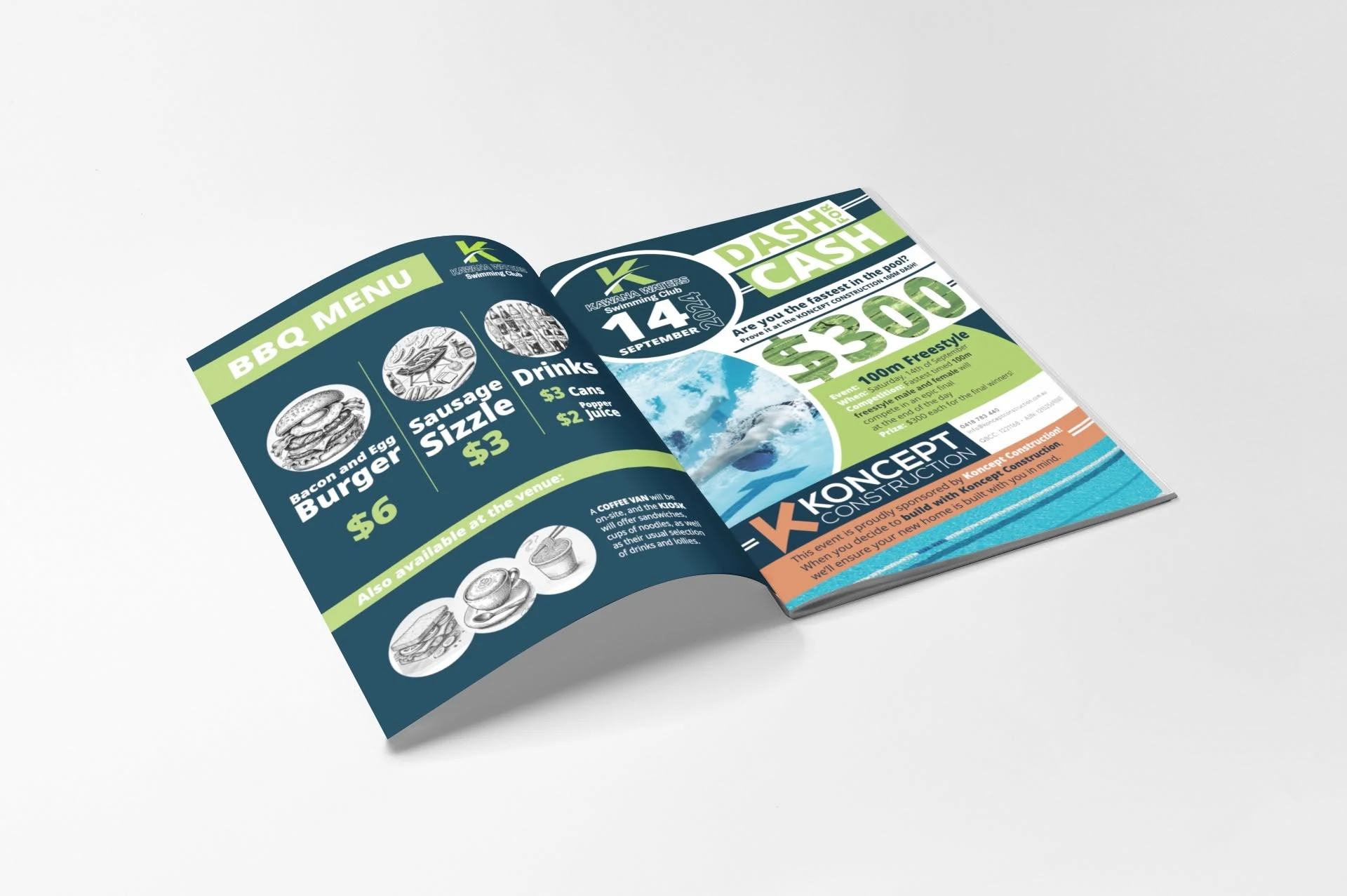 Kawana Waters event program spread with BBQ menu and competition promotion