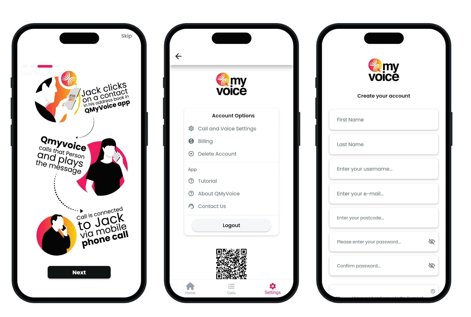 QMyVoice tutorial, settings and account creation screens