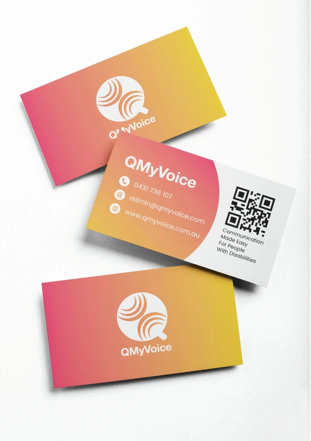 QMyVoice gradient business cards with QR code