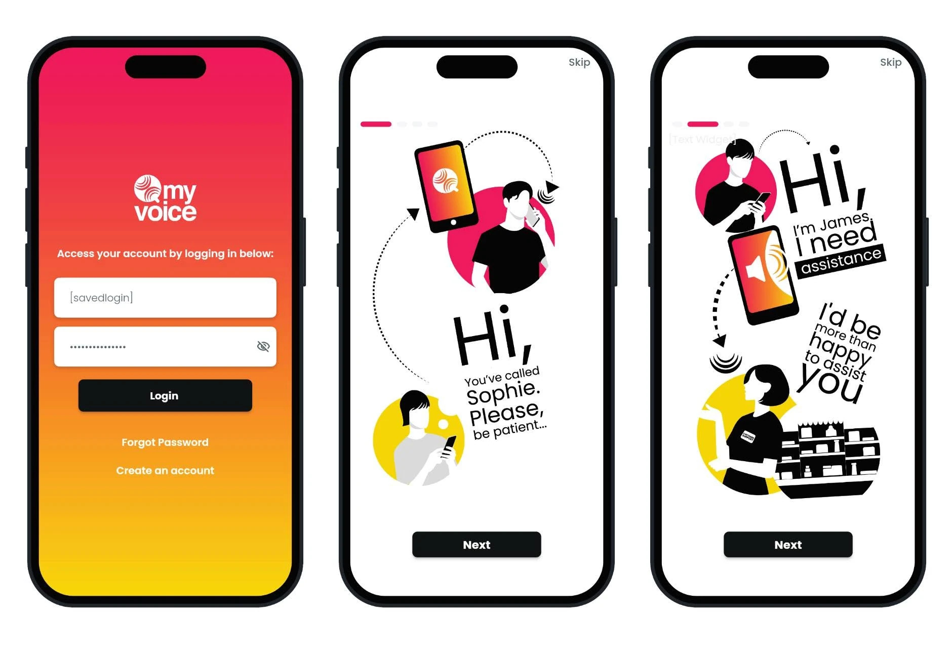 QMyVoice login and illustrated onboarding screens
