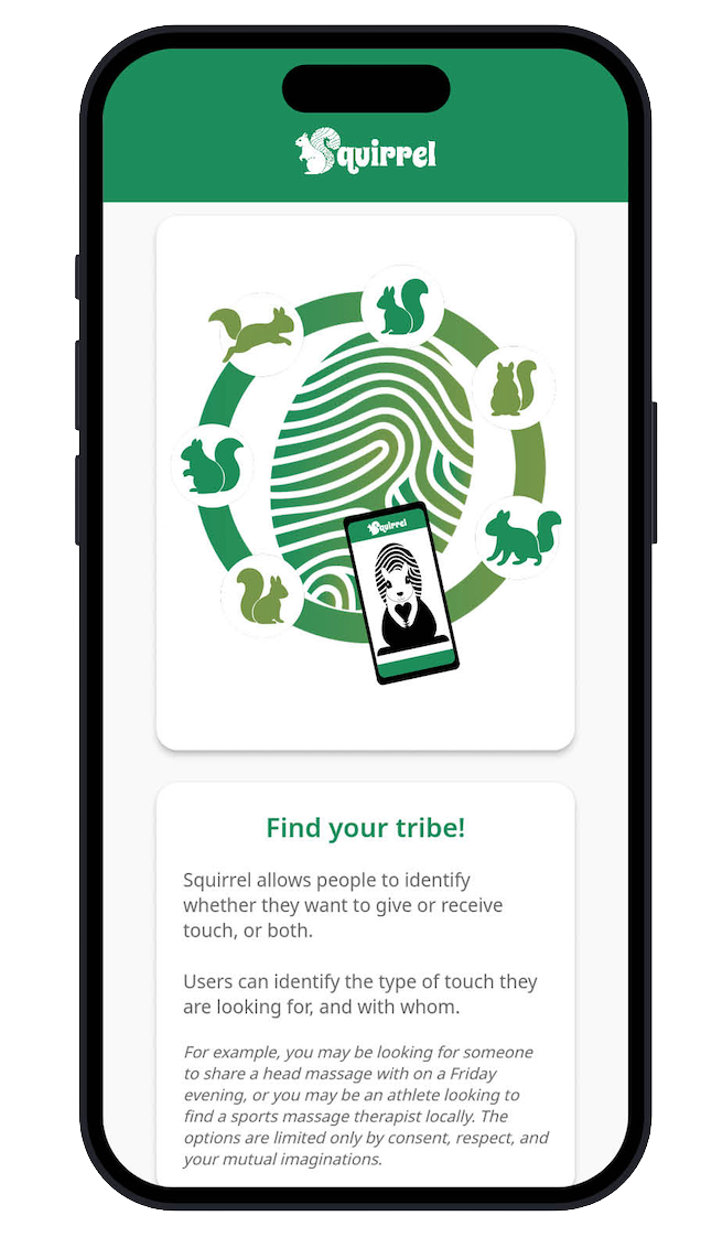 Squirrel app Find your tribe onboarding screen with fingerprint graphic