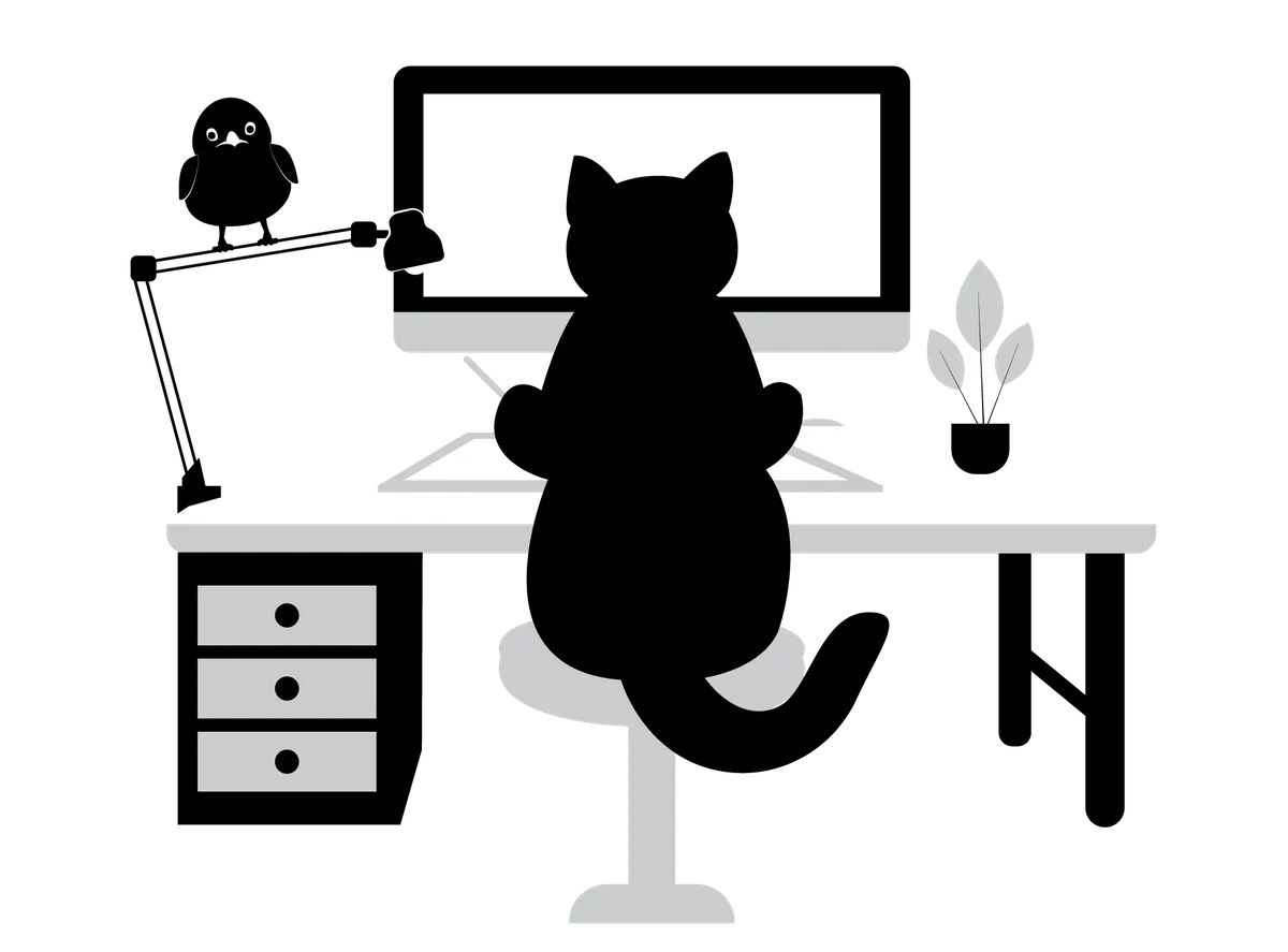 Illustration of a cat working at a design desk