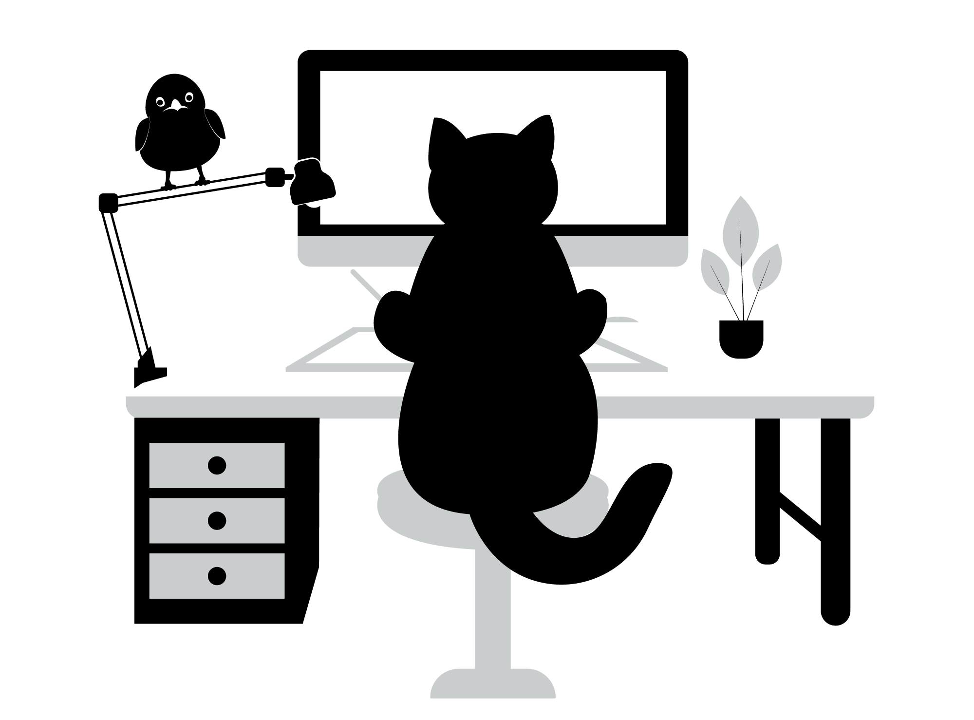 Illustration of a cat working at a design desk