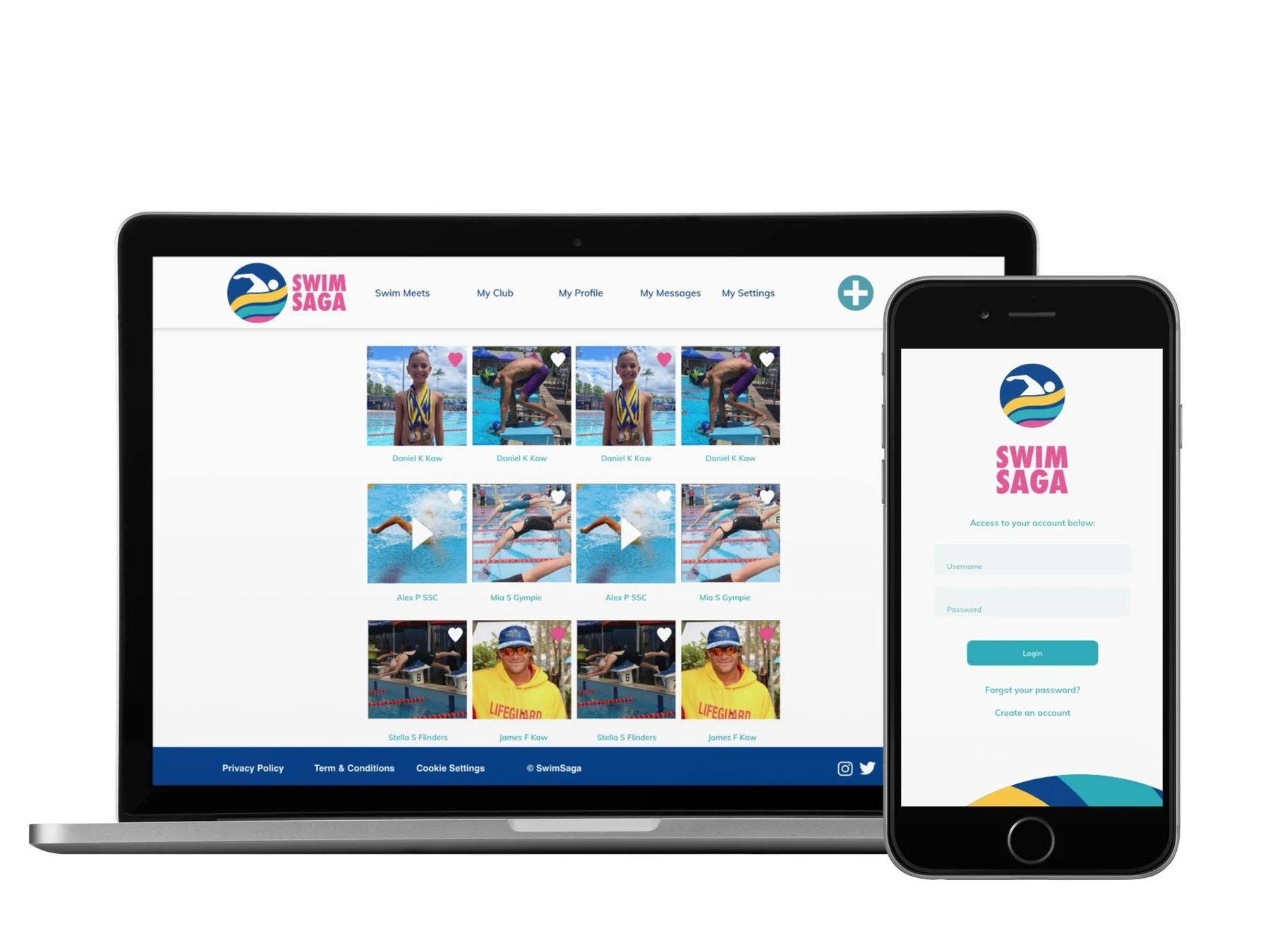Swim Saga responsive web platform and mobile app interface