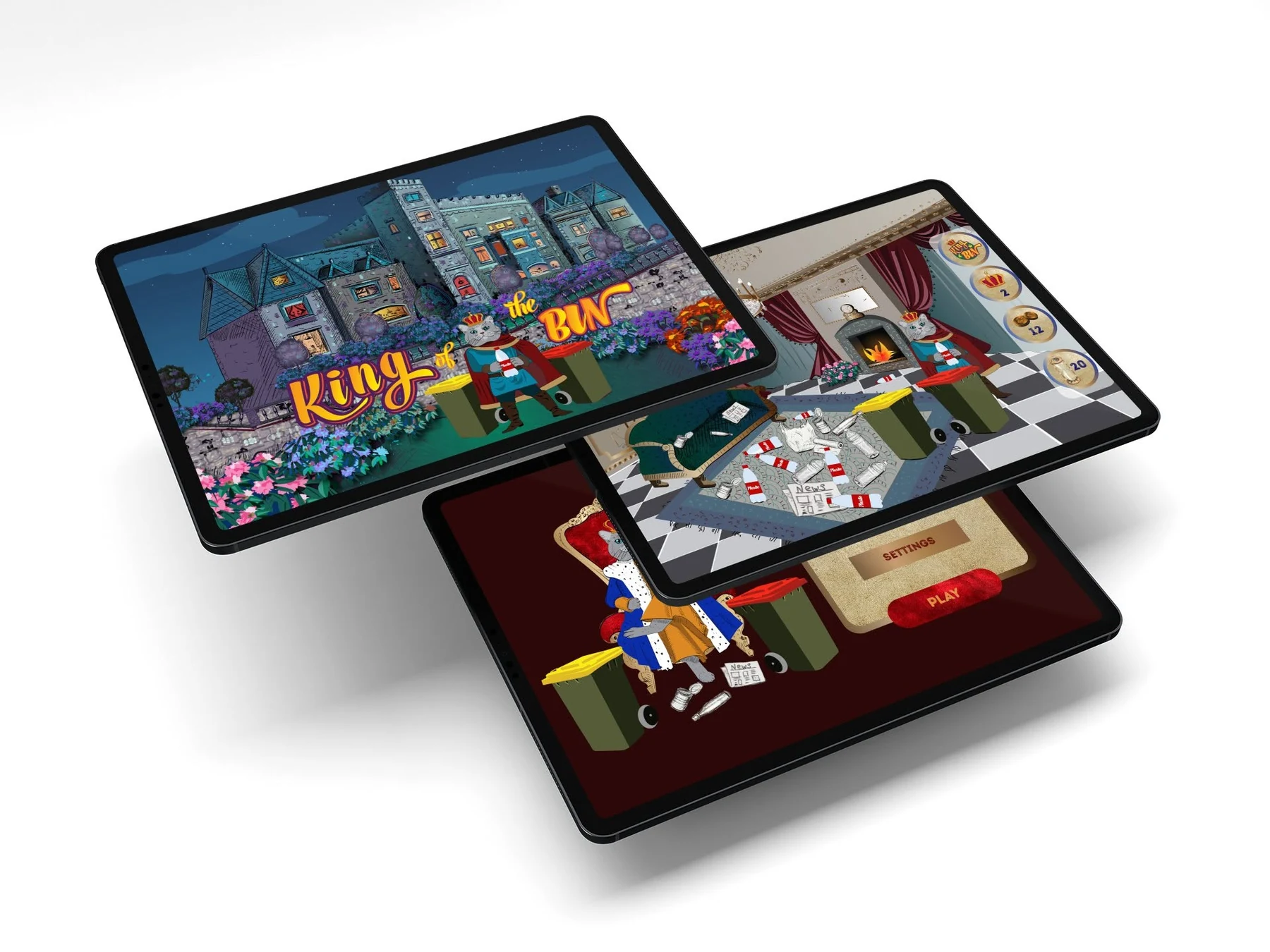 King of the Bin game artwork displayed across three tablet screens