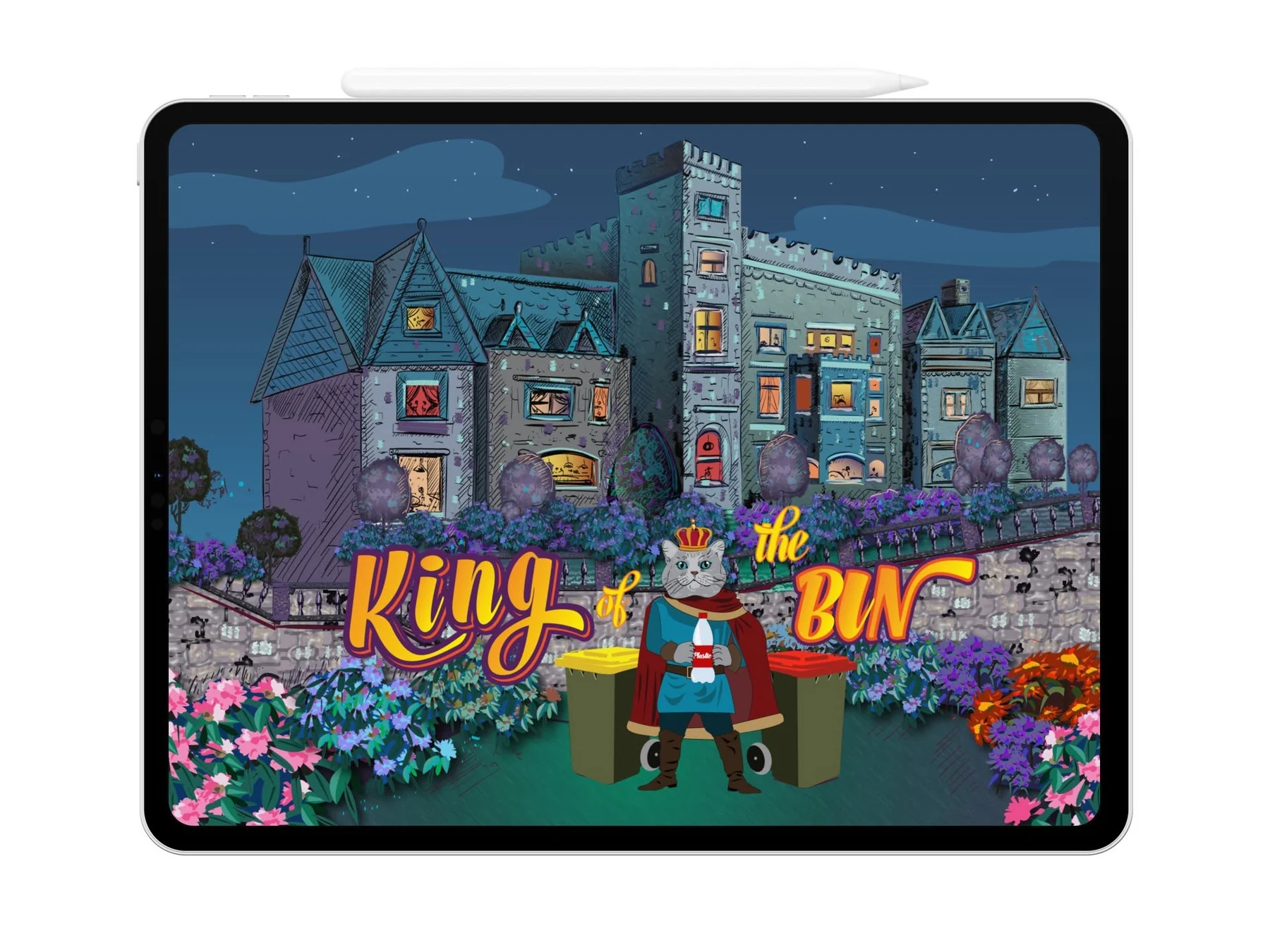 King of the Bin illustrated title screen with castle, crowned cat and rubbish bins